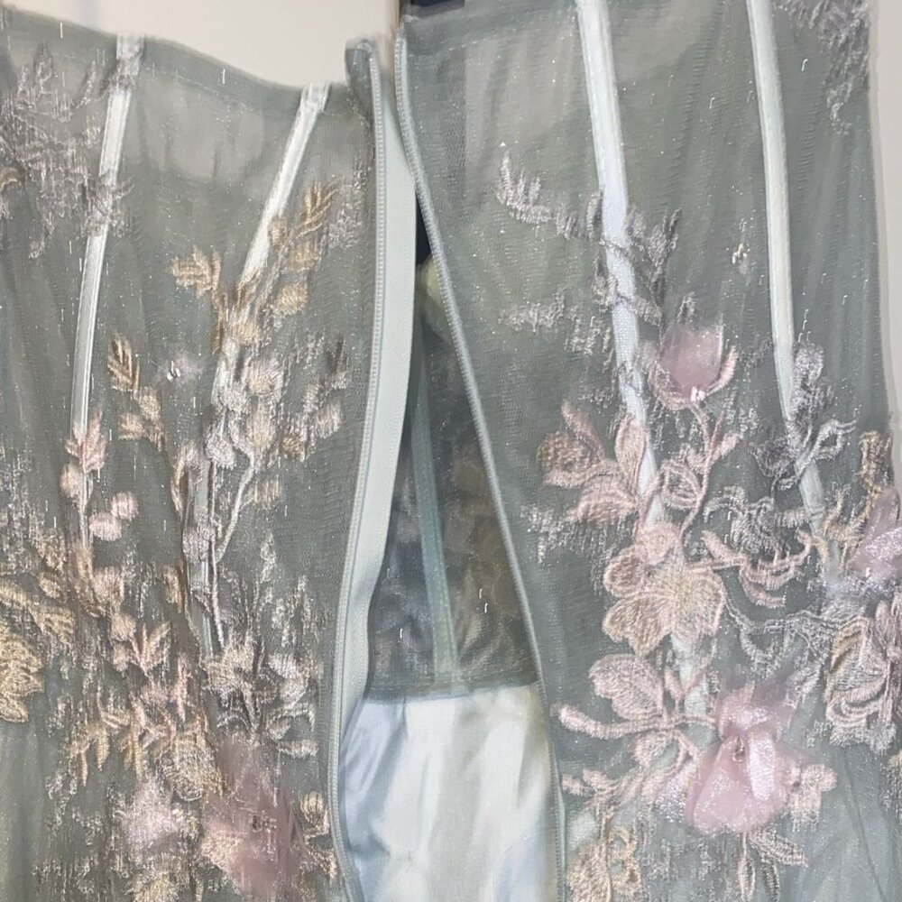 Dillard's GB Bow Strap Sweetheart Neck Corset Bodice Floral Slit Hem Dress - Picture 5 of 10